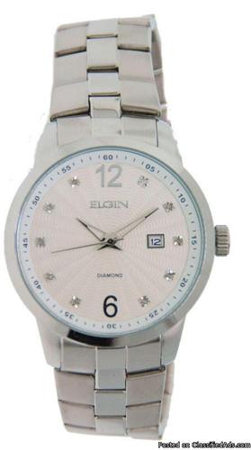 Brand New-Elgin Men's Large Face S/S-Day/Date 10 Diamonds-Chip Dial Watch-$29!! - Price: 29.00