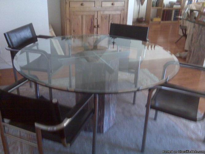 Glass table with leather chairs and side board for sale - Price: $ 1500