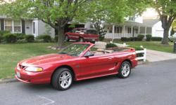 1998 Red Mustang GT&nbsp;Convertible 2D; Excellent Condition, Tan Leather Seats, Automatic, CC, Pwr St, AM/FM/CD, 115,000 mi....drives like a dream on the road & in the city