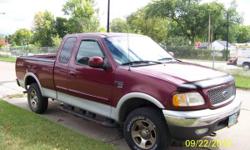 Make: &nbsp;Ford
Model: &nbsp;F150
Year: &nbsp;1999
Body Style: &nbsp;Extended Cab Pickup
Exterior Color: Maroon
Interior Color: Gray
Doors: Four Door
Vehicle Condition: Good&nbsp;
&nbsp;
Price: $7,800
Mileage:47,000 mi
Fuel: Gasoline
Engine: 8 Cylinder