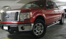 2010 FORD F-150 XLT 4x4: 16,000 km, Red, 4TH Door, Air conditioning, Alarm, AM/FM stereo, Anti-lock brakes, Anti-theft, Bench seat, Box Liner, Bucket seats, CD player, Crewcab, Cruise control, Driver air bag, Dual air bag, Extented cab, Fog lights, Heated