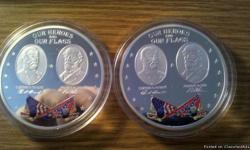 These 2 coins are for the civil war , both coins are the same , on the front Ulysses S. Grant and Robert E. Lee's pictures on them. The american and confederate flag on them, also on front. On the back 2 soldiers from each army fighting. Quality : Proof,