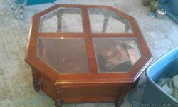 octagon wooden&nbsp;centerpiece with glass top and two matching rectangle wooden with glass top end tables