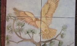 4 -- 6 x 6 ceramic tiles. Hawk landing in tree.
Hand painted usuing China Paint. Uusally 3-5 layers of paint. Each layer fired in a kiln.
Some of my tiles have been used for back splashes or counter tops. They are food safe.