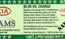 Fund-raise for the Rampart High H.S. Athletic Dept., Donate $5.00 for a complete, (up to 5 quarts and filter for mot 4 and 6 cyl. vehicles), Oil / Filter Change. Dave Solon Kia is sponsoring this, (with proceeds going to the Rampart High School Athletics