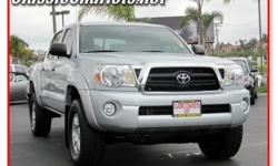 2007 Toyota Tacoma PreRunner SR5 with TRD Offroad package. 4.0 liter V6 engine. Automatic transmission, AC, AM/FM/CD, antilock brakes, JBL premium audio. Slide rear window, bedliner, tow hitch, alloy wheels. 4 door.
Exterior: Silver
Interior: Gray Cloth