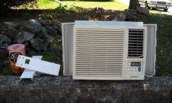 this is a Goldstar 10,000 btu window unit air conditioner. it has a programable digital thermostat, factory mounting brackets w/level built in,. and side skirts. good conditon, a few imperfections wiht connectors of face plate but stays on. selling