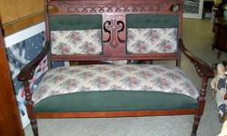This is a really nice set, it was reapohlstered 4-5 yrs ago, and has rarely been used. It's a bit dusty from sitting here in the store. The settee is 48 inches tall and 40 inches wide, the chair is 38 inches tall 34 inches wide, measurements are approx.