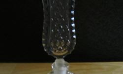Beautiful art deco crystal perfume bottle with four triangle-shaped sides. This pretty bottle has a very small stopper, with a daisy pattern. Looks like Czech crystal, but is not marked. This beauty measures just under 7 inches tall and 2 1/2 inches wide.