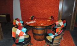 I am selling a Barrel furniture set. Furniture is made out of wooden barrels and 6 different shades of leather. Set includes Couch, Coffee table, Two end tables with lamps, a poker table with 6 chairs and 3 Light fixtures. Wood is a little worn in some
