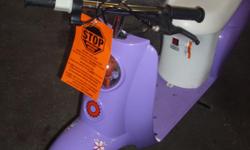 purple scooter battery operated retails for 250.00 has a small crack on left fender 1 month old
[CASH ONLY ] BETTY BOOP STYLE purple and white contact me at jannie43@aol.com