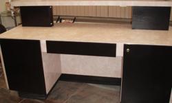 Beauty salon furniture custom made consisting out of one reception desk, 3 manicure tables and a wall cabinet
very good condition, modern design, marble pink colour
reception desk 6' long 2 lockable doors at each side and a draw in the middle
manicure
