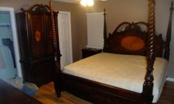 California king size post bed
Dresser with large mirror
End dresser
Amour for the t.v. with a dresser under it
