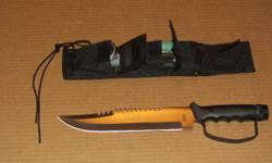 This is a UC212 Bushmaster Survival Knife with a 10 inch blade. Its overall length is 15 1/4 inches. It comes complete with survival kit, compass, stone, flashlight, GI can opener (P38), removable knuckle guard, Emergency tools and sheath.