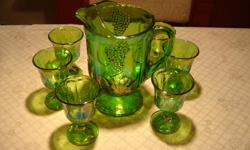 GREEN PITCHER WITH 6 GLASSES $95.00 EACH SET (2 SETS AVAIABLE)
GREEN WATER GLASSES $10.00 EA
BLUE MILK PITCHER $5.00
MIXED DRINK SET $15.00
TALL BLUE BOWL $10.00