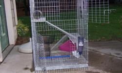 I have a three level chinchilla cage. Chinchillas make wonderful pets for children.
Includes water bottle, large exercise wheel, hay basket, food container, and pee pan, dust bath dish. Also has a PVC pipe for playing in and hiding.
I also have a bit of