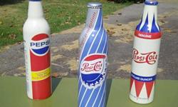 ALUMINUM BOTTLE COLLECTORS:
Here is your chance to get 3 UNUSUALLY HARD TO FIND aluminum Pepsi bottles. New and in very Good Condition !
These are 3 of the 1st Pepsi aluminum bottles of the retro collection. There are a total of 4 bottles to this