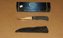 Colt's Very BEST Bird and trout Sportsman knife NEW IN BOX
Colt Trailscout Hunter CTO138.
8 1/8" overall. 4" 420 J2 stainless blade.
Black rubber handle with a checkered grip and stainless finger guard. Lanyard hole.
Black nylon belt sheath.!