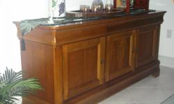 CHERRY WOOD, 2 WITH ARMS, 4 WITHOUT ARMS, SIDE BOARD HAS SILVER DRAWER AND 2 SHELVES IN EACH SECTION. BEAUTIFUL CONDITION
