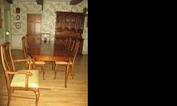 &nbsp;
Thomasville Dining Room Set
Table with 6 chairs, Buffet and Hutch
Cherry finish
Table is 42? wide by 63? long (with no leaves) up to 99? long (with 3 leaves)
4 side chairs and 2 arm chairs
Buffet has 4 drawers and 2 cupboards with shelves (54?