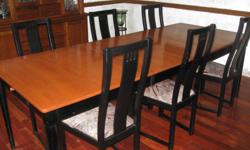 2-TONE WOOD TABLE- MAHOGANY TOP WITH BLACK BASE. 38"W X 64" L WITH 2 15" LEAVES THAT EXTEND TABLE TO 94" FOR ENTERTAINING. 6 HIGH-BACK CUSHION BOTTOM CHAIRS. (SEAT CUSHIONS CAN BE EASILY REMOVED AND RE-UPHOLSTERED TO SUIT PERSONAL TASTE/COLORS) THIS SET