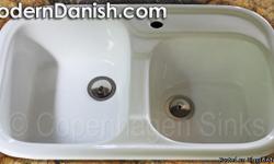 Double Bowl White Glossy Porcelain Kitchen Prep / Farm Sink - designed for multiple uses and installation styles / types.
Can be standard drop in installation or can stand on top of the counter. The outside of the sink is fully glazed so it has the same