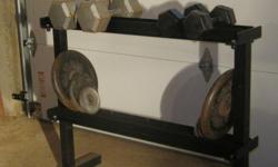 Steel dumbell rack for dumbells and/or plates. See related ads for Olympic weight and bench set; dumbells