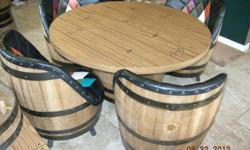 Barrel furniture made out of solid wood to look like an old beer keg. &nbsp;Game table with 4 swivel barrel chairs. &nbsp;Whole set $300.00 or best offer. &nbsp;Excellent built heavy duty furniture. &nbsp;We also have 2 end tables, coffee table, couch,