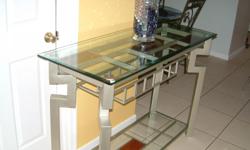 GALSS TABLE/WINE RACK/METAL FRAME WITH GLASS BOTTOM EXCELL. COND. 1813-3403872 PAID $260 NEW. 50" LONG 20" DEPTH 36"HIGH.