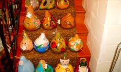 Hand painted gourd birdhouses.... You can see them on Wed. and Sat. at Waynesville, N. C. Farmer Market off of Hwy 276 from 8-1pm..
The Birdhouses start at 20.00 each.. Bowls start at 15.00 each...Bird Feeders start at 10.00 each.. Most of the time they