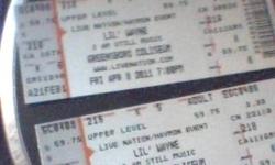 I HAVE 2 LIL WAYNE CONCERT TICKETS I PAID $150 WITH TAX. I'M ASKING 135 FIRM FOR BOTH TICKETS CALL ME 504-400-7636 RICO