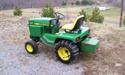 1988 John Deere Garden Tractor, 835 Hrs., Good Condition, Full Maintainance Record, 50" Mower Deck, 54" Hydraulic Lift/Angle Plow, 46" Snow Thrower, Tires Loaded, Chains, New Paint.