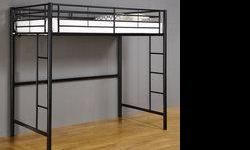 Metal loft bed - medium-dark gray finish. Ladder entry at either end. Excellent condition - only a year old. Paid $180 new. Bed is light weight but very sturdy. Great for dorm rooms or smaller kids' rooms as you can put a desk or a TV stand underneath.