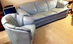 Comfortable Light Green Leather Sofa and Matching Easy Chair. Excellent condition. Purchased retail for $1850 set. Will sell as set or individually. Set $350, or Sofa - $250, Chair - $100.