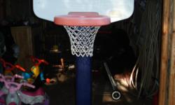 Great condition. Raises from 4' to 5' to 6' high. Great starter hoop for kids. Can be placed indoor or outdoor. Base can be filled with water or sand, though sturdy enough to stay upright if placed indoor. I paid $35 for the hoop brand new.