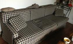 I have a beautiful very long couch that will match anything since it is Black & Tan Plaid. Also comes with 2 matching&nbsp;decor pillows.
&nbsp;It does need one back small leg.
In good condition other than that, I just dont have room now for it.
Please