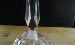 Low height perfume bottle with tall stopper in perfect condition. Clear glass with overlapping glass pattern. Bottle is not marked by manufacturer. Stunning!