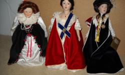 Queen Elizabeth I, Queen Victoria Regina, or Queen Elizabeth II limited edition collection bisque porcelain doll. These are 3 of a 5 set collection. Offered in 1984 for $200. each, asking $100. each or negotiable on a 3 doll purchase.