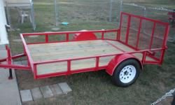 NEW 76" X 10' DOVE TAIL TRAILER, 2X3 INCH ANGLE FRAME, A-FRAME TONGUE, 3500# AXLE, NEW 15" WHEELS AND TIRES 205/75 15, REMOVABLE GATE, LIGHTS, SET BACK JACK, SAFETY CHAINS, 2" BALL COUPLER. **** $899.00**** OTHER SIZES AVAILABLE OR BUILT TO ORDER CALL****