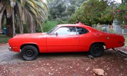 Clean 1973 Plymouth Duster, running 318 V8, 904 A/T, disc brakes, PS. buckets seats, rallye wheels, recent orange paint. Needs a couple things to be a driver. Clean CA title on non-op. Pictures and details available upon request. Thanks Doug