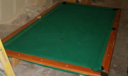 Regulation Size pool table, green felt, nice wood, bought new, barely used. In excellent condition, well taken care of. paid $1000 only used for 5 months, always brushed and covered. Had to move and no place to set up anymore. Comes with 2 sets of balls,