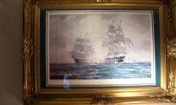 Beautifully matted 32" X 21" print of "the action between HMS Java & USS Constitution in absolutely gorgeous frame