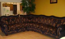 3 pcs sectional sofa with 5 throw pillows. GREAT condition. royal blue with gold design. MUST SELL