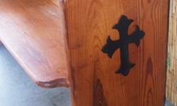 Short solid wood stain vintage church pew approx 51 1/2" x 22 1/2" x 32 1/2" tall. Very nice, with a large black cross on both ends of the bench. It does have some scratches that is to be expected after many church services through the years. I am