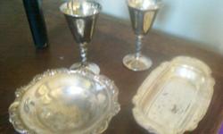 THIS IS A ROGERS SILVERPLATE BUTTER TRAY AND GOBLETS AND A POOLE ASHTRAY NEED POLISH