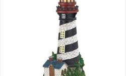This handsome lighthouse is powered by the sun. A garden decoration which shines brightly for up to 8 hours, long after the sun is down. Specification Uses one AAA battery (not included). Alabastrite. 9 1/2" x 8 1/4" x 19" high