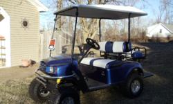 2009 ST CUSTOM EZGO CART. GAS POWERED ,4 TO 6 PERSON SEATING. FOLD DOWN WINDSHIELD. FRONT AND REAR LIGHTS. HORN. PATHFINDER 22X11-10 ON POLISHED SPOKE WHEELS. BACK SEAT CONVERTS TO FLATBED. ONLY USED 2 TANKS OF GAS.WAS BOUGHT NEW. HAS BEEN GARAGED KEPT.