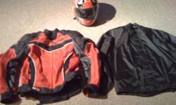 I am selling my red and black fieldsheer streetbike jacket and matching helmet. The jacket is a mens size XL but the sizes run small so if you normally wear a Large this will fit you. It has a removable black inner liner as shown in the pictures. I only