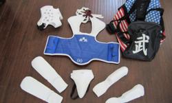 TAE-KWON-DO SPARRING GEAR&nbsp;SET INCLUDES&nbsp;Bag, Reversible (Blue/Red) Chest Guard, Head Gear with Mouth Guard and case, Cloth Fist Forearm Guard & Cloth Shin Instep Guard.&nbsp; My son only wore twice then he quit.............
&nbsp;