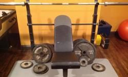 Flat, incline and decline bench. Olympic Bar and (2) 45, 35, 10, 5 and 2.5 lbs.